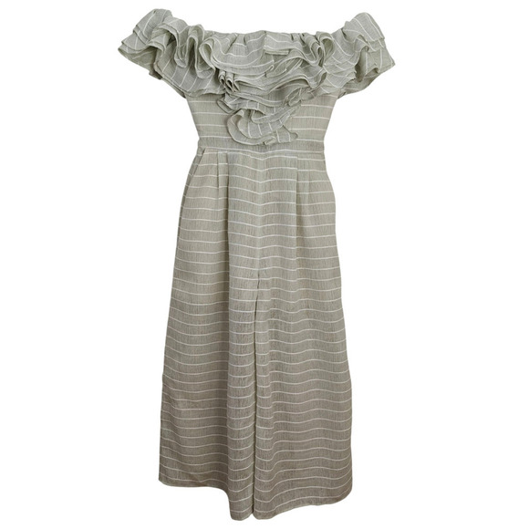 Acler Ruffled Off Shoulder Jumpsuit Size 2 Mint Green Pockets Cropped Wide Leg - Picture 2 of 14